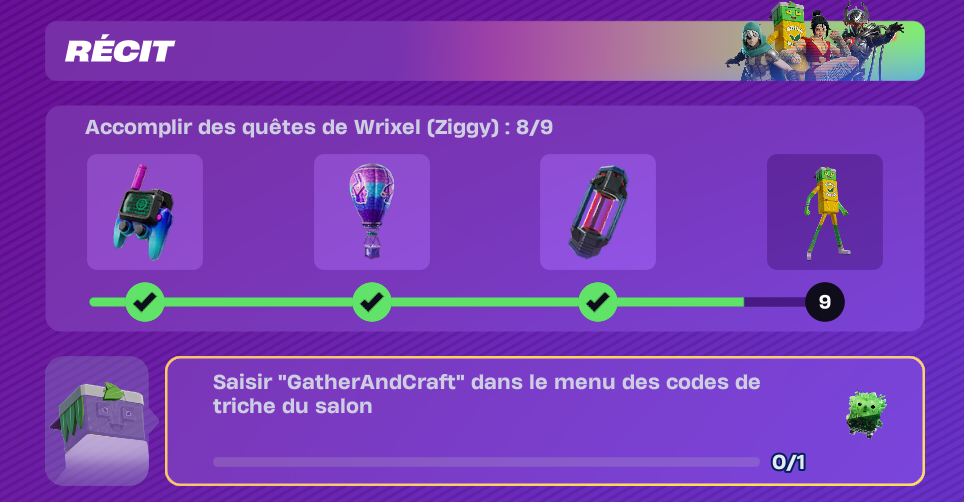 Quêtes de Wrixel (Ziggy) dans l'onglet Récit de Fortnite