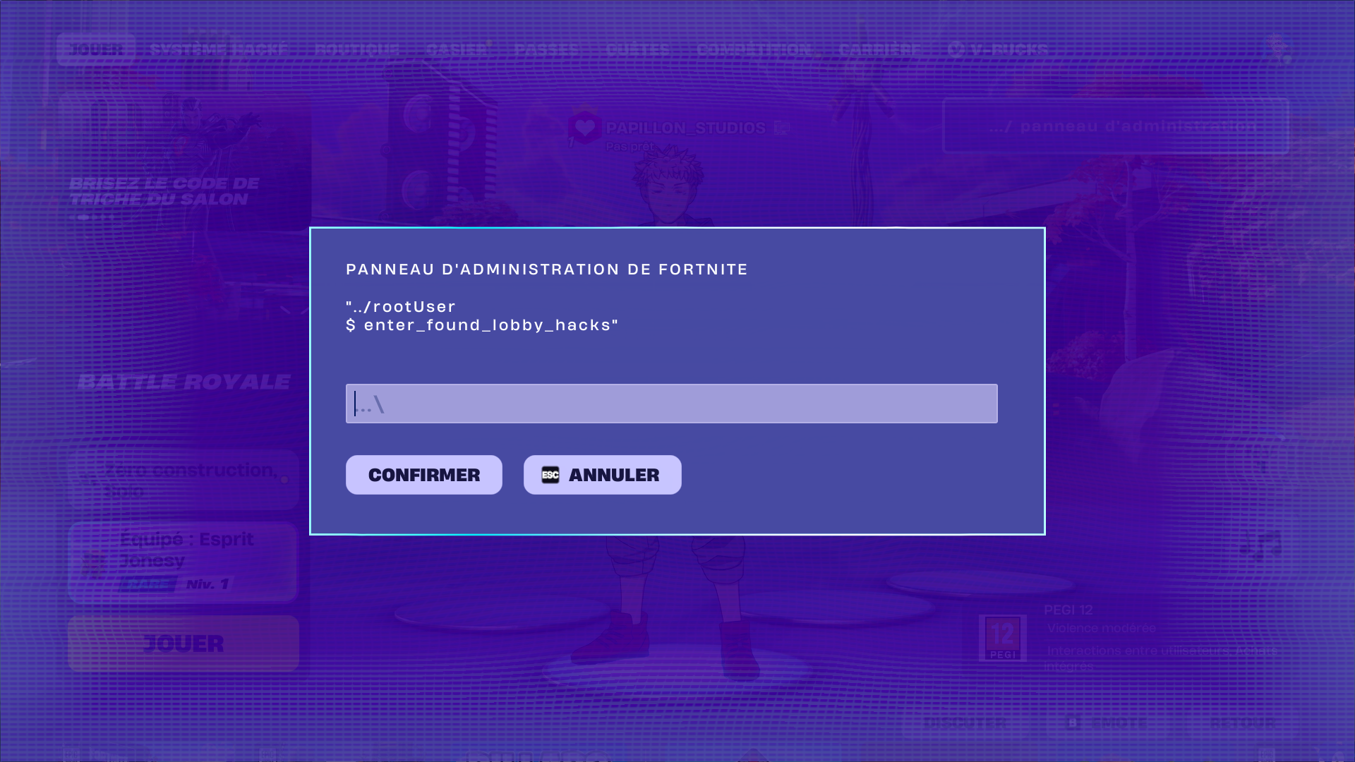 Interface du panneau d'administration de Fortnite où entrer le code